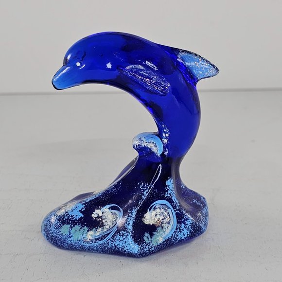 Fenton Art Glass Figurine Cobalt Blue Dolphin On Wave 4" Signed Hand Painted - Picture 5 of 10